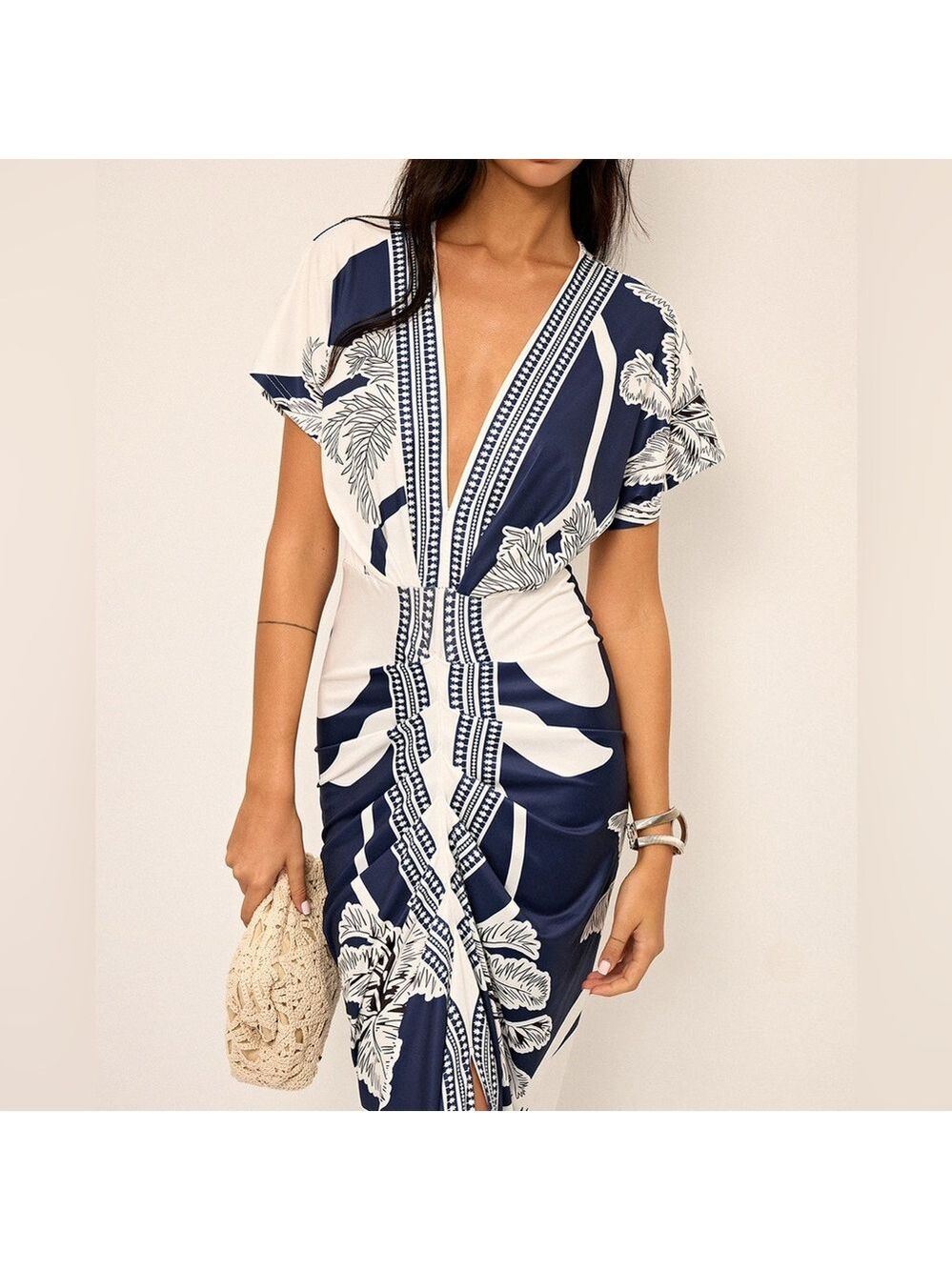 Commense Printed Deep V-Neck Midi Dress - Picture 2 of 8